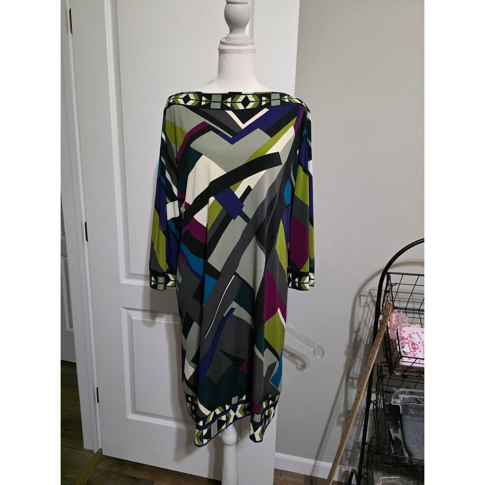 Dressbarn Women's 16 Multi-Color Geometric Abstract Boat Neck 3/4 Sleeve Dress